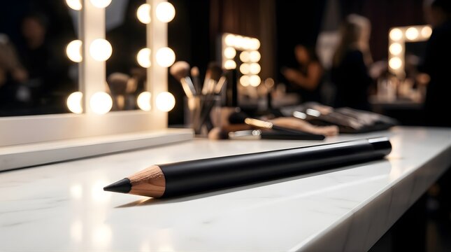Black cosmetic pencil on a makeup vanity table with lights in the back
