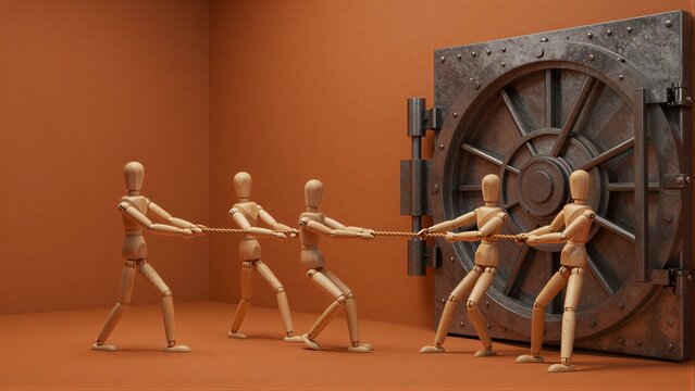 Three wooden figures pull a rope to open a massive, heavy vault door.