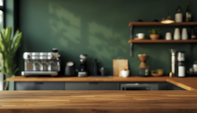Wooden table top on blur kitchen room background,Modern Contemporary green kitchen room interior  