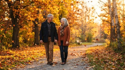 Fototapeta premium Elderly couple walking hand in hand on a path during autumn, surrounded by colorful falling leaves and warm sunlight.