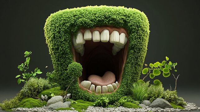 Mouth-like topiary with large teeth and open maw, surrounded by greenery