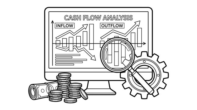 Computer screen displays cash flow analysis chart with inflow and outflow graphs, coins, rolled bills, magnifying glass, and gear.