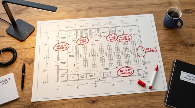 Security blueprint with red circles indicating warehouse CCTV blind spots