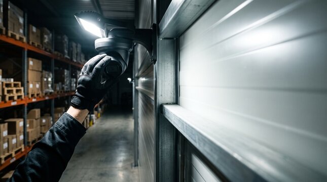 Technician in glove adjusting security camera in warehouse