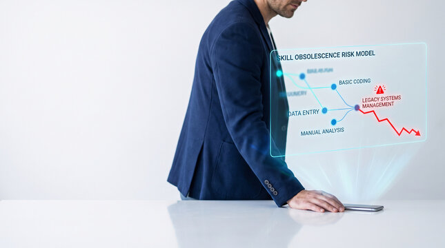 Professional businessman analyzing microlearning analytics data on a futuristic holographic interface showing a declining performance chart with challenges and management metrics in office.