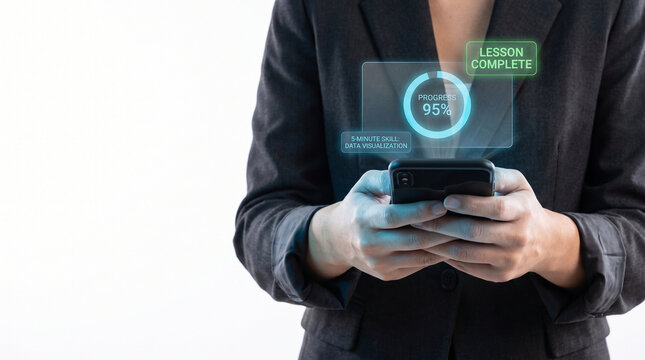 Businesswoman using smartphone with futuristic holographic interface showing microlearning analytics progress bar and lesson complete notification for modern corporate training concept.