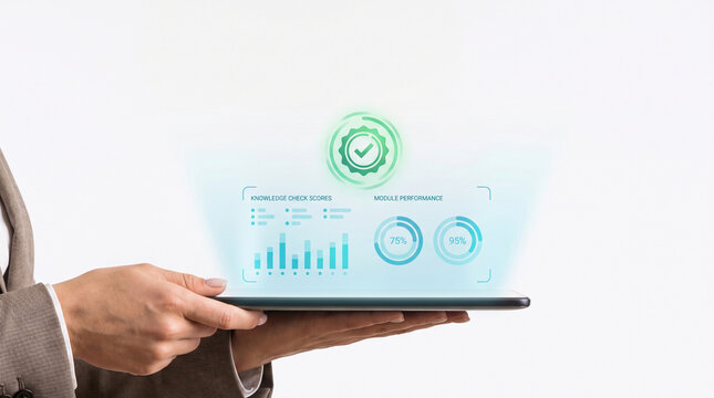 Businessman holding a digital tablet displaying microlearning analytics dashboard with charts graphs and a green checkmark icon representing successful training progress evaluations.