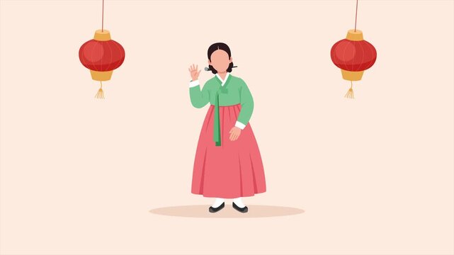 Korean woman wearing a hanbok. Korean Culture concept. Full length Icon animation illustration. High quality&nbsp;4k&nbsp;footage