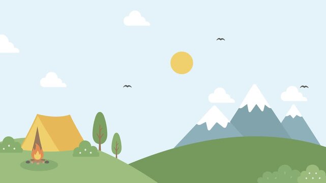 Flat Camping Landscape with Mountains Tent and Campfire Looping Animation Background