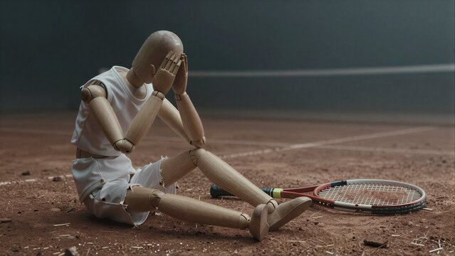 Wooden tennis player figure mourns on clay court, rackets abandoned nearby.