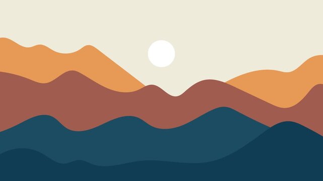 Minimal Abstract Layered Mountain Landscape Background with Sun Flat Illustration.Animation Background