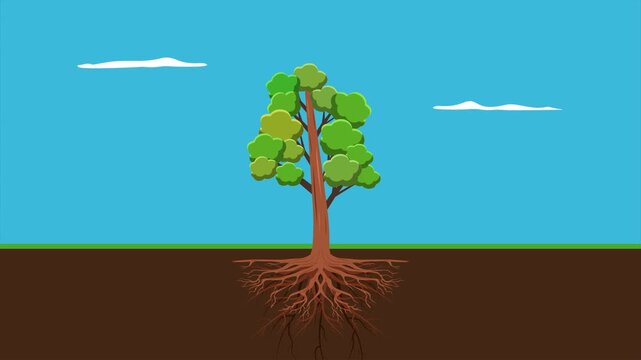 Tree roots growing beneath fertile soil. Tree concept. Full length Icon animation illustration. High quality&nbsp;4k&nbsp;footage