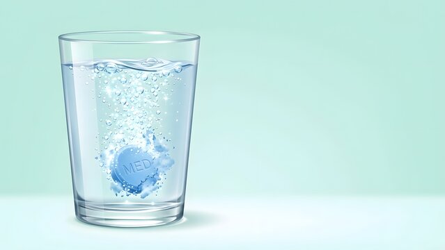 Effervescent tablet dissolving in a glass of water with bubbles and blue medicinal pill