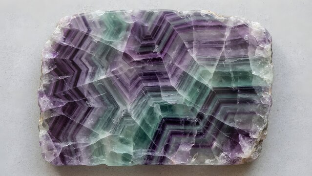 Close-up of a polished slice of fluorite with striking purple and green banded patterns.
