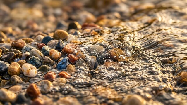 Close up of colorful pebbles on a riverbed with water flowing over them and small bubbles