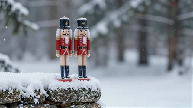 Two nutcracker soldiers stand on snow-covered rocks in a snowy forest.