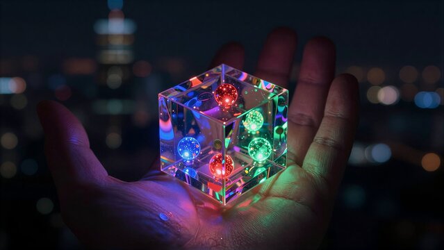 Hand holds glowing, colorful cube with cosmic spheres inside against city night backdrop.