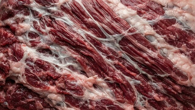 Close-up abstract texture of raw marbled beef muscle and fat marbling for cooking and butcher themes.