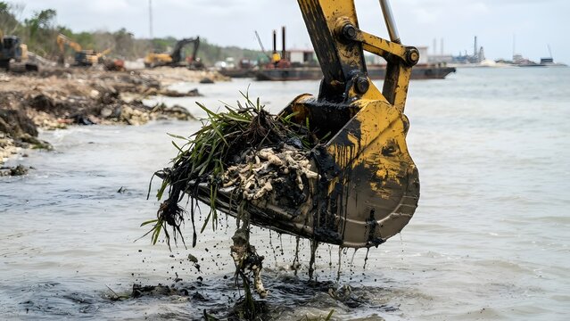 An excavator bucket scoops up mud and seaweed from the shoreline, with construction equipment visible in the background.