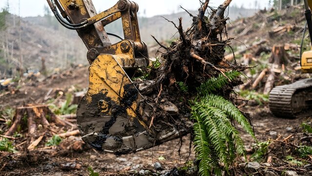Excavator bucket lifting uprooted tree stump with roots and ferns in a deforested area
