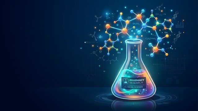 A laboratory flask with colorful molecular structures emerging from it, symbolizing pharmacy research and clinical science in a futuristic, dark blue background.