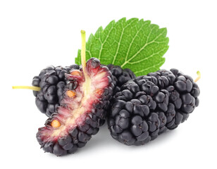 Whole, cut mulberries and green leaf isolated on white © New Africa