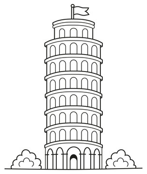Torre inclinada de Pisa en Italia esquema de dibujos animados dibujado a mano ilustraci&oacute;n de arte lineal p&aacute;gina para colorear de arte de doodle para ni&ntilde;os
