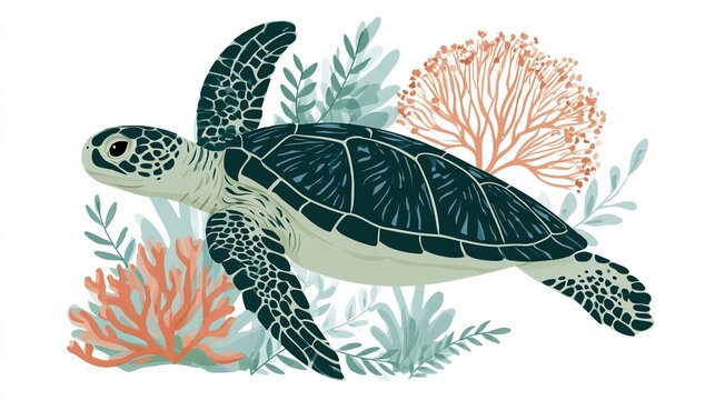 Flat Vector Illustration of a Green Sea Turtle Swimming with Coral and Seaweed