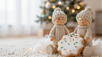 Fototapeta premium Two wooden dolls in knitwear hold a heart-shaped cookie, festive Christmas scene.