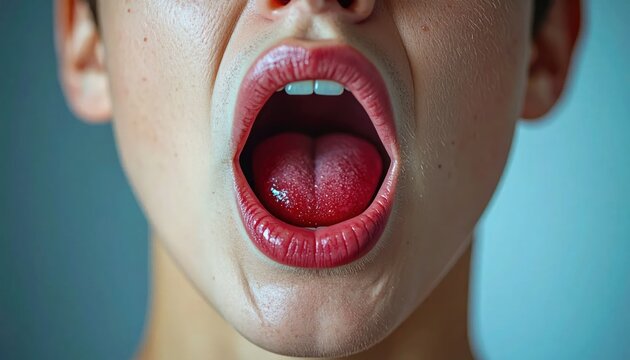 Close-up Extreme of a Person's Mouth Wide Open, Showing Red Tongue and Glossy Lips