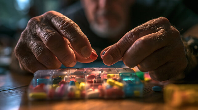 Senior Hands Taking Medication from Daily Pill Organizer Box