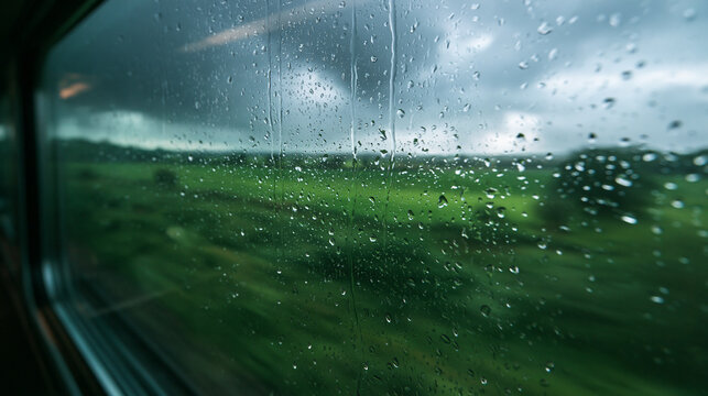 Raindrops on Train Window Overlooking Blurred Green Landscape