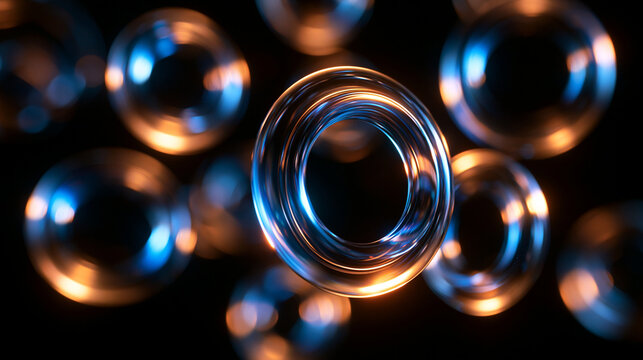 Glowing Abstract Glass Rings Floating in Dark Digital Space