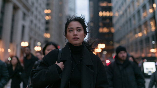 Young Asian Woman Walking on Busy City Street at Dusk