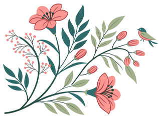 Obraz premium Decorative floral illustration featuring pink flowers green leaves and a small bird on a white background