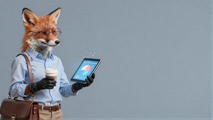 Naklejka premium Fox in glasses holds tablet and coffee, analyzing data with professional flair.