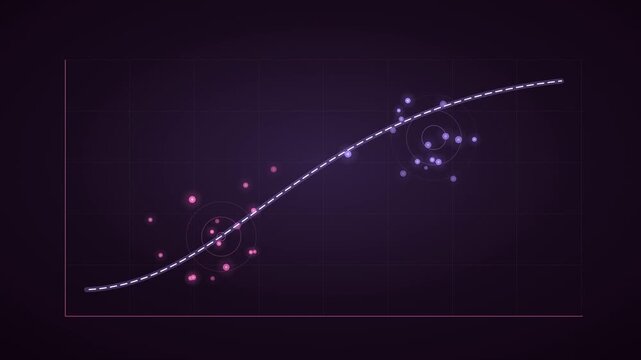Futuristic pink and purple data visualization dashboard with glowing scatter plot nodes and dashed sigmoid curve