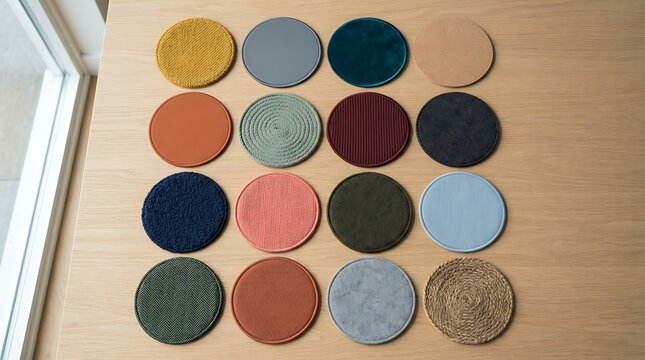 A top-down collection of colorful coasters styled as a flame-circle mouse pad layout on a wooden desk, offering a variety of textures and warm modern tones.