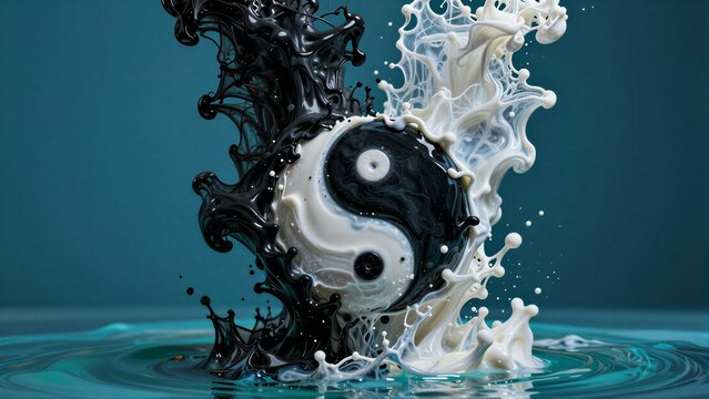 Black and white liquids swirl around a yin-yang symbol, creating dynamic contrast.