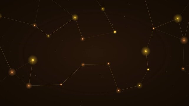 Abstract golden plexus network with glowing connected dots and lines on dark brown background