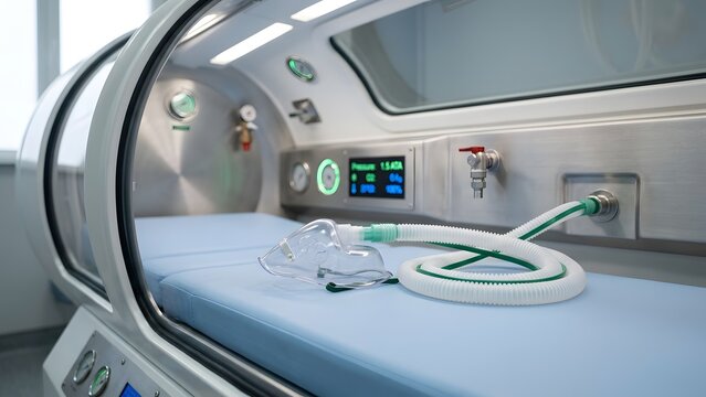 Inside view of a modern hyperbaric oxygen therapy chamber with a patient bed, oxygen mask, and tubing