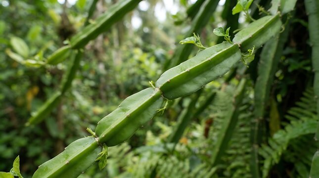 Close-up of flame-cissus quadrangularis vines growing in lush tropical nature, highlighting unique succulent stems and green foliage in botanical garden