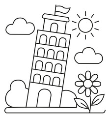 Torre inclinada de Pisa en Italia esquema de dibujos animados dibujado a mano ilustración de arte lineal página para colorear de arte de doodle para niños