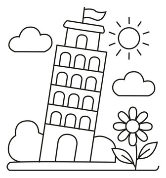 Torre inclinada de Pisa en Italia esquema de dibujos animados dibujado a mano ilustraci&oacute;n de arte lineal p&aacute;gina para colorear de arte de doodle para ni&ntilde;os