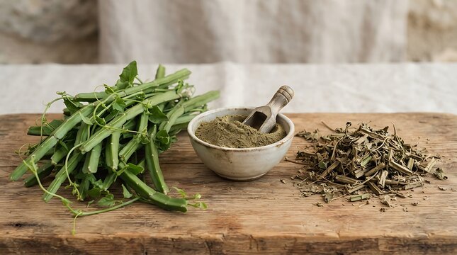 Natural remedies concept featuring flame-cissus quadrangularis with fresh green stems, dried botanical pieces, and medicinal herbal powder in a rustic bowl