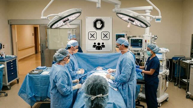 Surgical timeout sign posted above the operating table reminding the team to pause