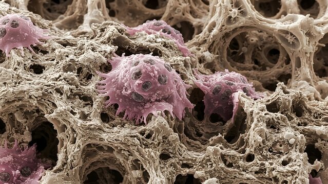 Microscopic view of pink cancerous cells interacting with bone tissue structure, showcasing cellular detail and porous bone matrix.