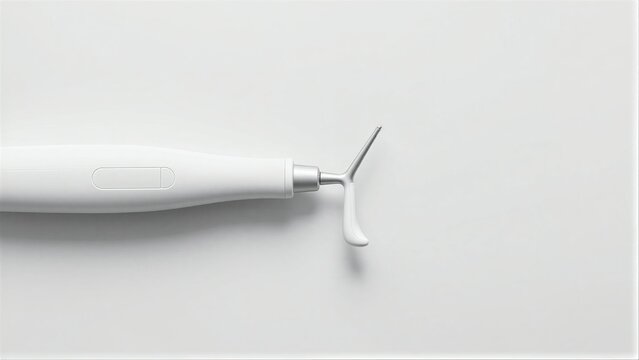 White medical device with sleek design and fine needle tip on minimalist background.