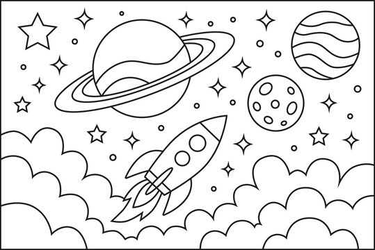 &Eacute;l&eacute;ments spatiaux, dessin au trait, illustration de style cartoon dessin&eacute;e &agrave; la main, coloriage pour enfants