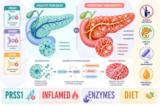 Hereditary pancreatitis genetic disease infographic illustration of pancreatic tissue autodigestion